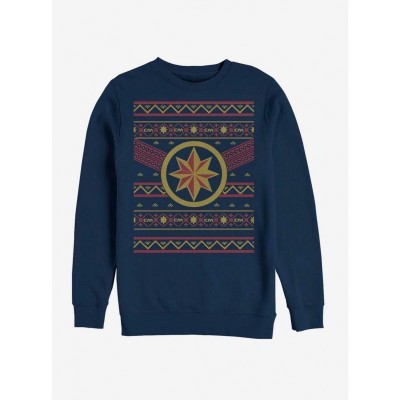 Captain Marvel Ugly Christmas Crewneck Sweatshirt - Blue Men's Size
